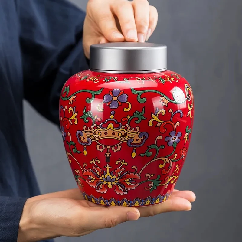 

Enamel Ceramics Tea Container Moisture-proof Dustproof Storage Tank Home Decoration Tea Caddy Kitchen Food Candy Sealed Tank