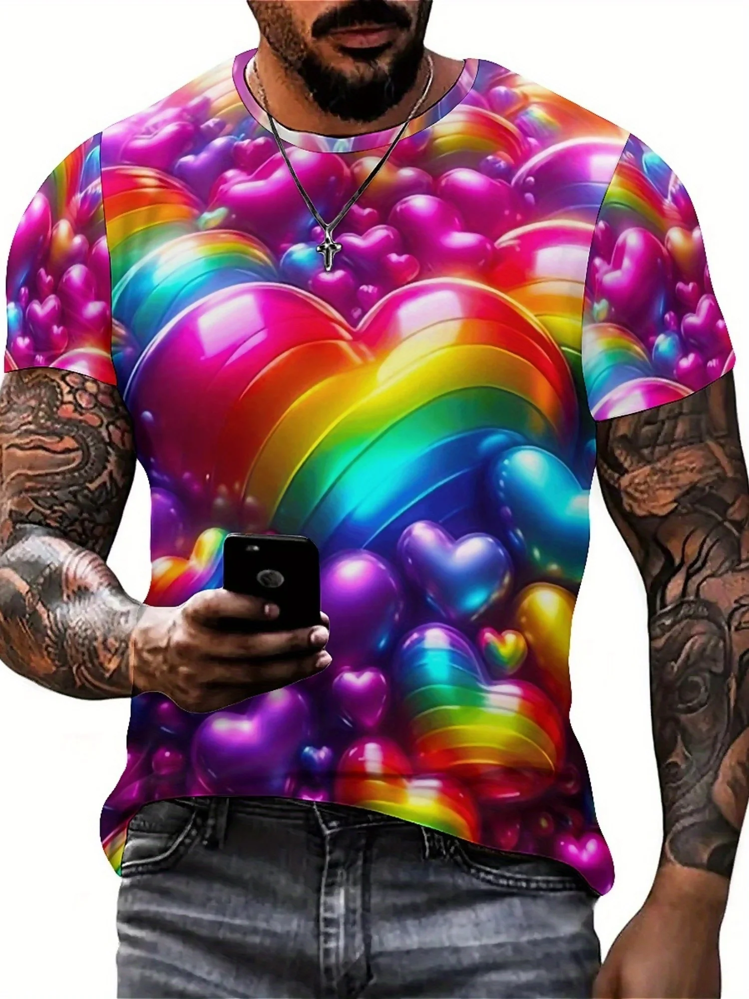 Men'S Plus Size Hip-Hop T-Shirt - Summer Essential, 3D Heart Print, Vibrant Rainbow Colors, Casual Polyester Fabric