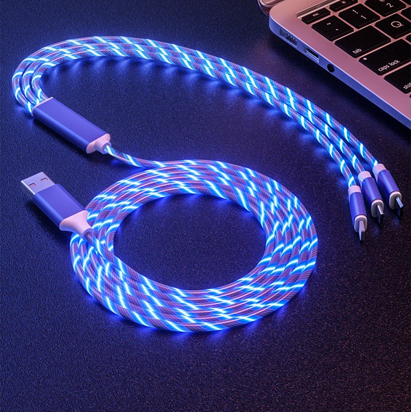 3 in 1 2A USB Glowing Phone Cable Type-C Fast Charging Cord For iPhone 14 13 Samsung Xiaomi Micro USB LED light Data Wire Cable