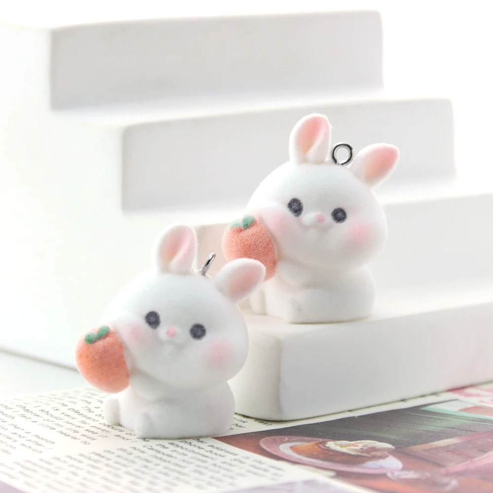 20Pcs 3D Flocking Resin Carrot Rabbit Charms Animal Plush Doll Pendants for Necklaces Earrings Making DIY Jewelry Accessories