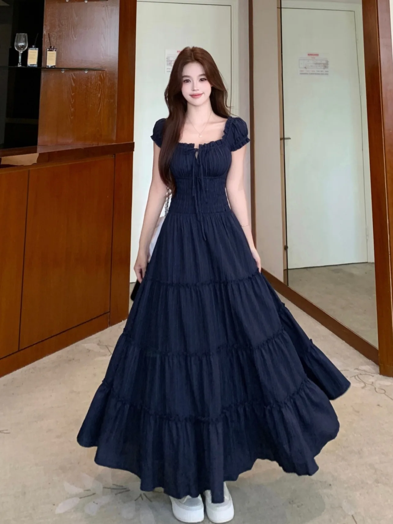 

plus Size Women's Sweet Pleated Short Sleeve Dress A-Line Waist Cinched Summer New Style Beautiful Korean Version Commute Wind