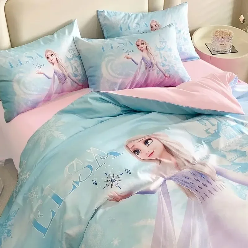 Frozen Elsa anime peripheral cartoon cute girl heart print brushed home bedroom student dormitory sheets quilt cover bedding set