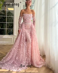 2 Pieces Flowers Pink Prom Dresses With Overskirt Off Shoulder Long Sleeve Formal Party Gowns Vestidos De Boda Para Fiestas 2024