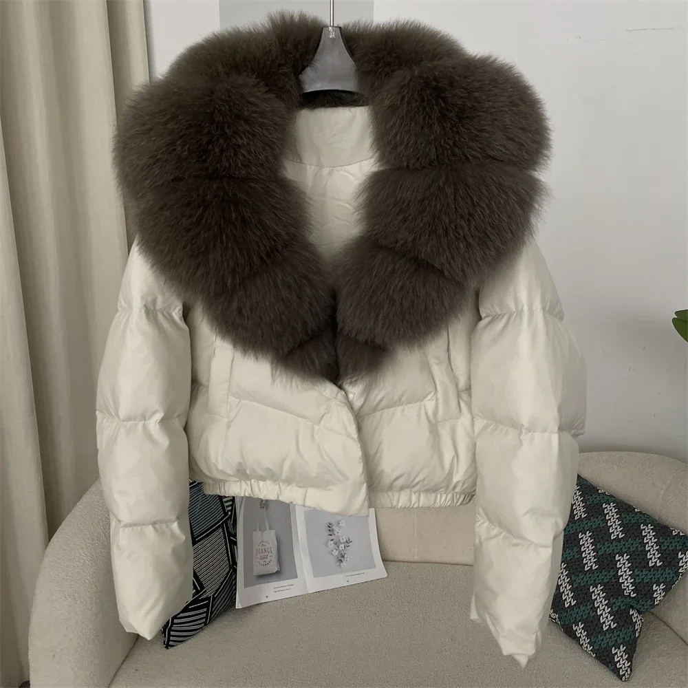 White Duck Down Coat Feather Short Puffer Jacket Thick New Big Natural Real Fox Fur Jacket Women Autumn Winter Female