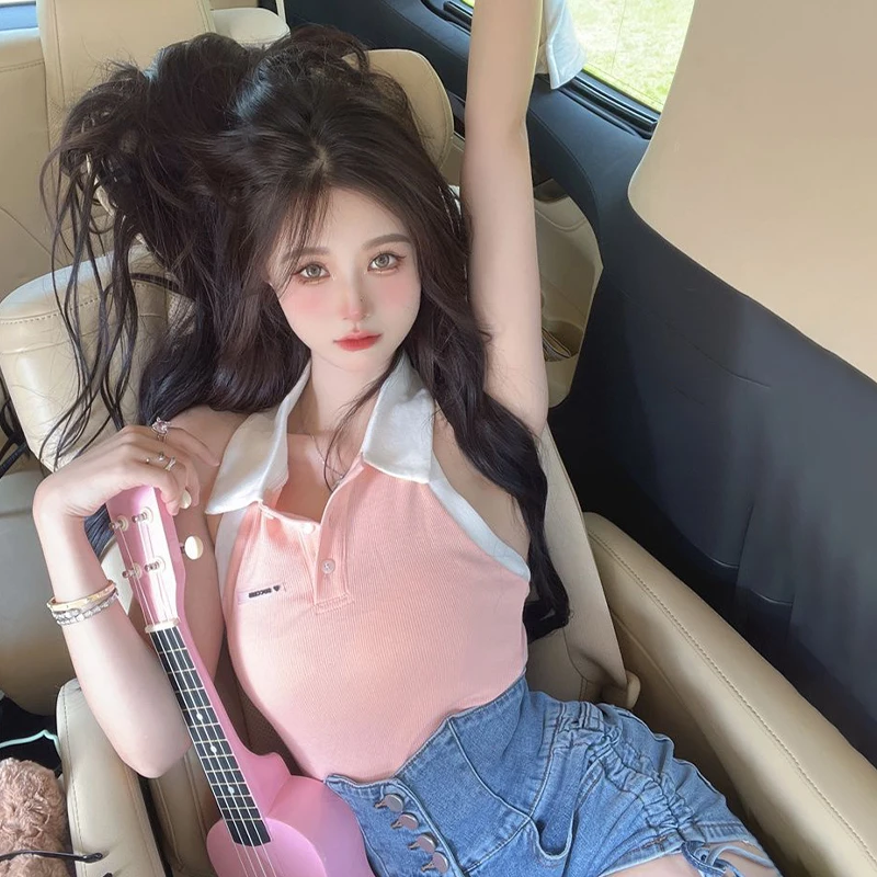 Pure Desire Bavero Halter senza maniche Gilet lavorato a maglia sottile Top senza maniche sexy da donna estivo