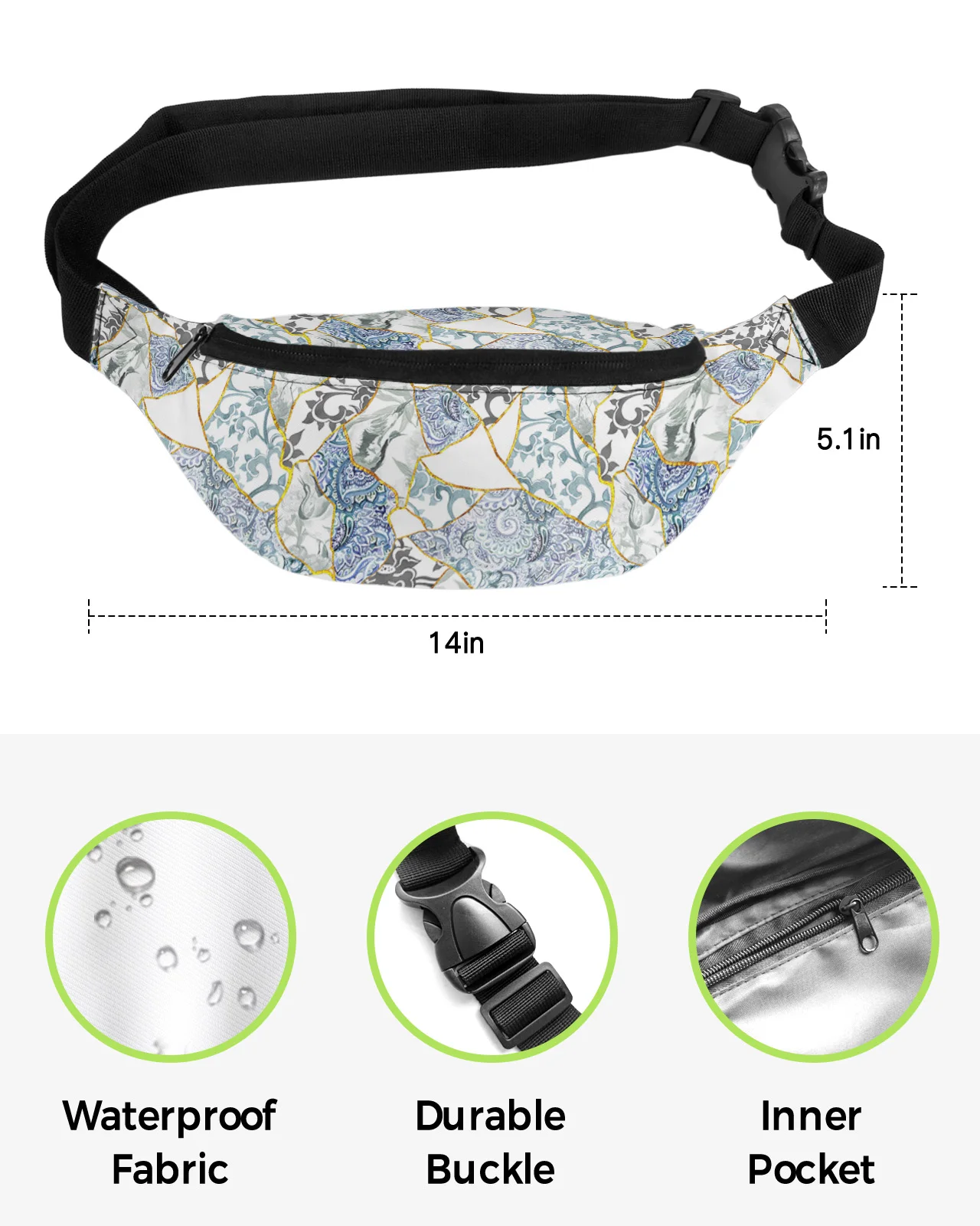 Blue And White Porcelain Texture Waist Packs for Women Waterproof Outdoor Sports Waist Bag Unisex Crossbody Shoulder Bag