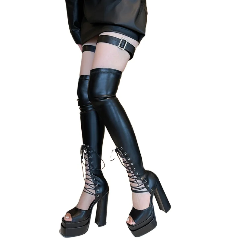 

Пикантные женские высокие сапоги до бедра, летние ботинки с лентой для шоу, прогулок, вечеринки, ночного клуба, сандалии на платформе на высоком каблуке, большой размер 2022-13