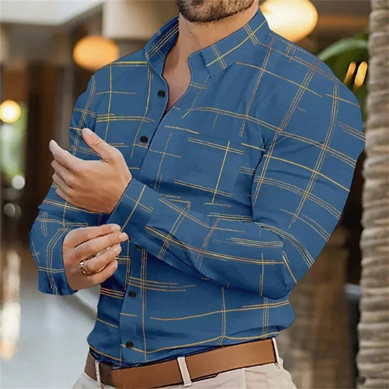 

Men's Spring and Autumn Long Sleeve Lapel Formal Shirt Plaid 3D Print Dark Slim Business Casual Shirt Street Outdoor Men's Top