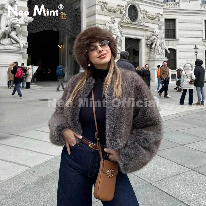 

Neo Mint Iconic Брендовое модное укороченное пальто из искусственного меха для женщин 2022, осенняя короткая куртка из эко-лисичьего меха, шикарное уличное пушистое пальто для девочек