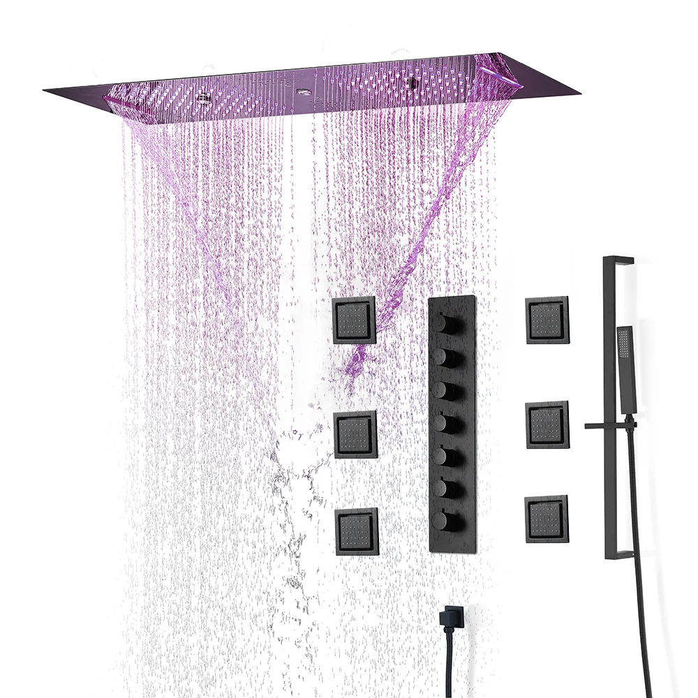 Matte Black Rain Shower Set Rainfall Showerhead 900*300mm Ceiling Mounted Shower Systems Chrome Thermostatic Brass Valve Large