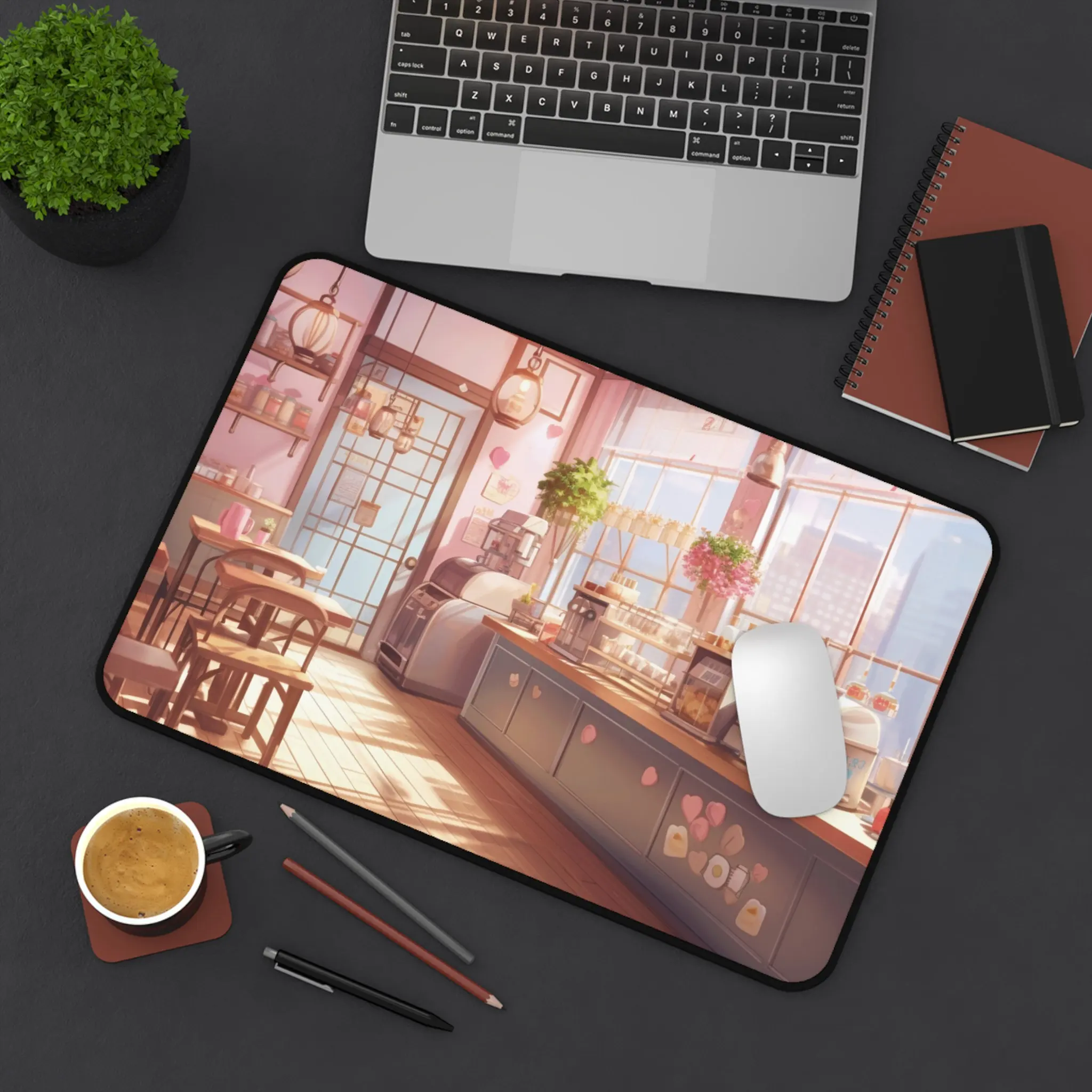 Anime Coffee Shop Desk Mat,Anime Decoration,Dreamy Japanese Mouse Pad,Anime Pastel Mouse Pad,Cute Pastel Gaming Mat,Retro Office