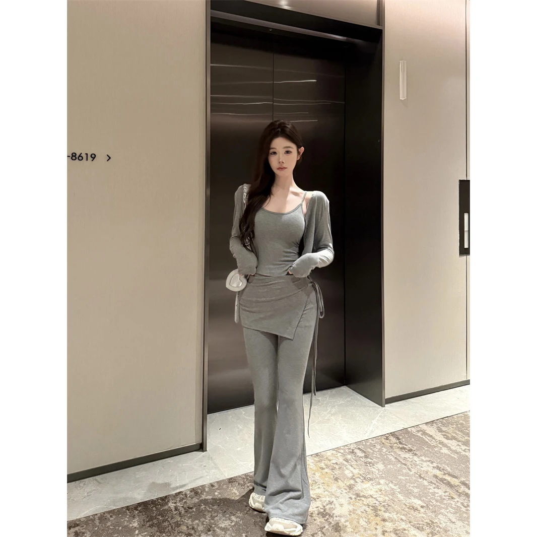 Pure Desire – Ensemble t-shirt avec coussinet de poitrine, gilet, Cardigan, taille haute, pantalon évasé, jupe, automne, Ensemble pour femmes