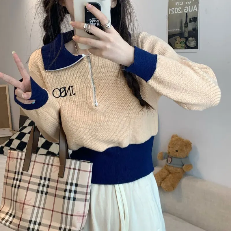 Contrasting Colors Polo-Neck Jumpers Female Fashion Patchwork Zipper Autumn Winter New Korean Waist Long Sleeve Knitted Sweaters