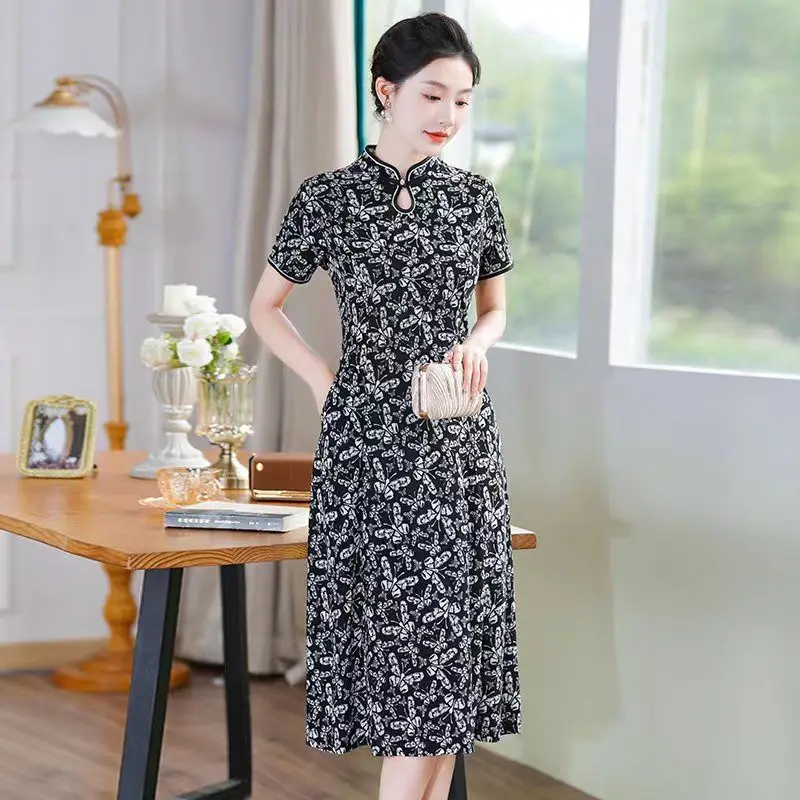 Women 2024 New High End Qipao Qipao Dress Mid Length with Pockets Elegant Loose Covering Belly Skirt All-match Hin Thin