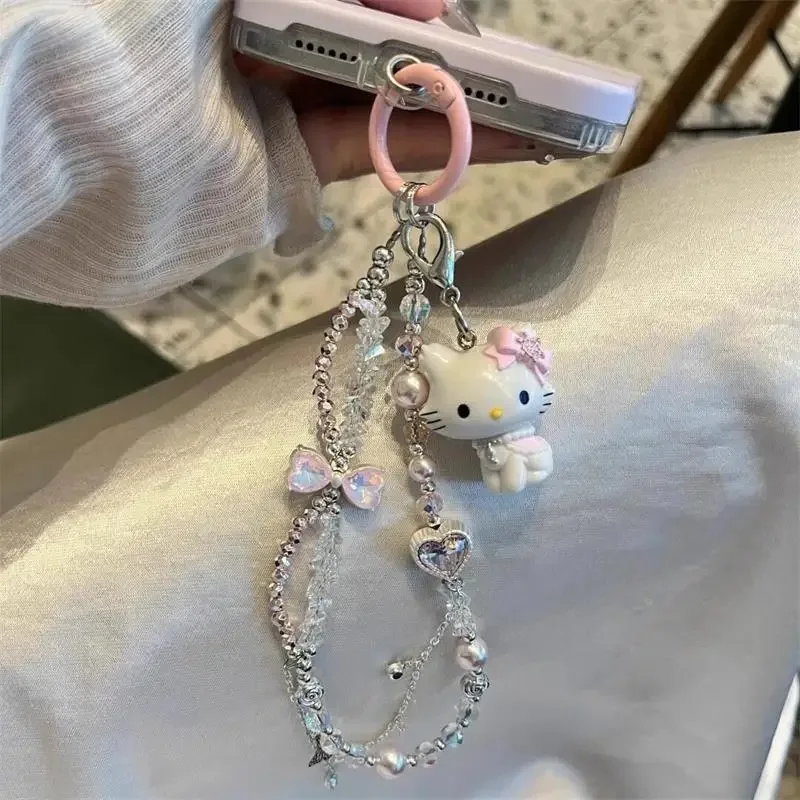 Hello Kitty-cordón de cadena para teléfono con cuentas, llavero femenino, colgantes, amuleto de cámara antipérdida, bonito accesorio de regalo