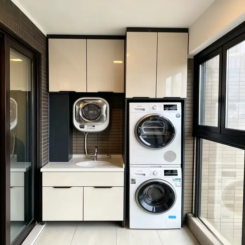 BALOM Custom Balcony Storage Unit Cream White Solid Finish Flush Doors Black Open Shelving System Stone Effect Countertop