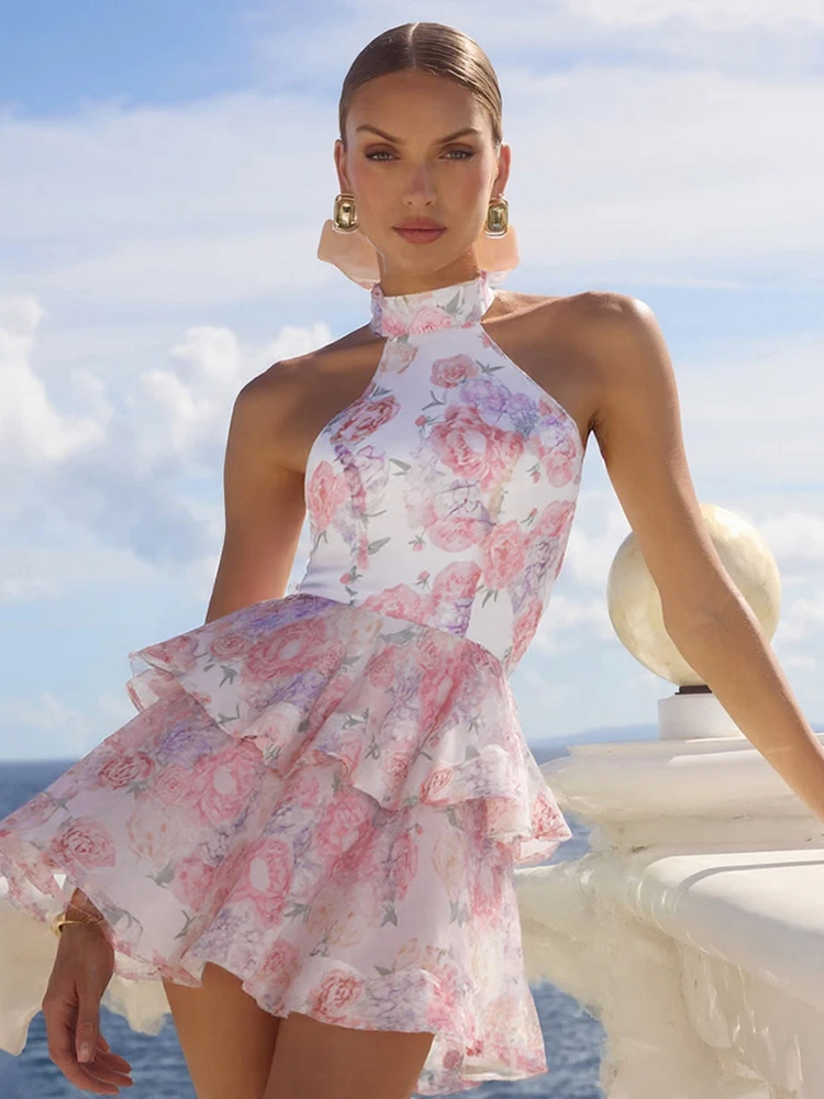 Weird Puss Sweet Backless Dress Women Summer Sexy Backless Romantic Double Hem Halter Elegant Birthday Banquet Party Y2K Bodycon