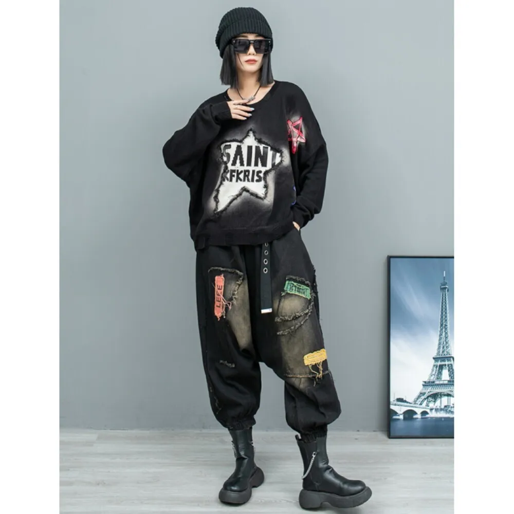 Personalized Trendy Cool Loose Fashionable Pant Set Women 2024 Autumn New Patch Fabric Sweater + Jeans Two Piece Set ZF154