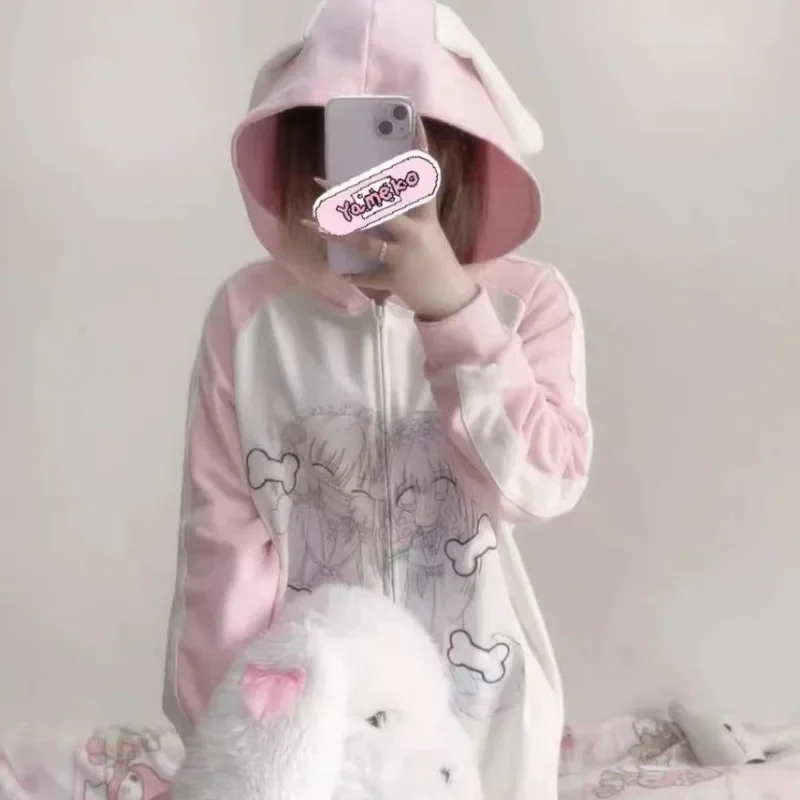 Y2K Aesthetic Dog Bone Sweater Hoodie Virtual Anime Subculture Raglan Sleeve Versatile Autumn Winter Cute Printing Top Coat New