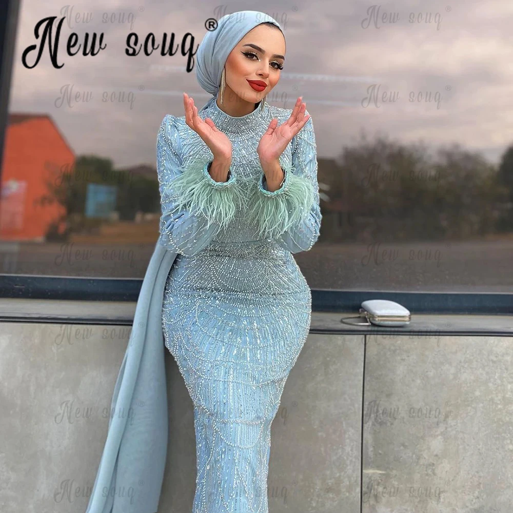 Muslim Long Sleeve Blue Party Dress With Overskirt Women Beading Prom Dresses Ismarlama Fırsat Elbiseler Dubai Hochzeitskleid