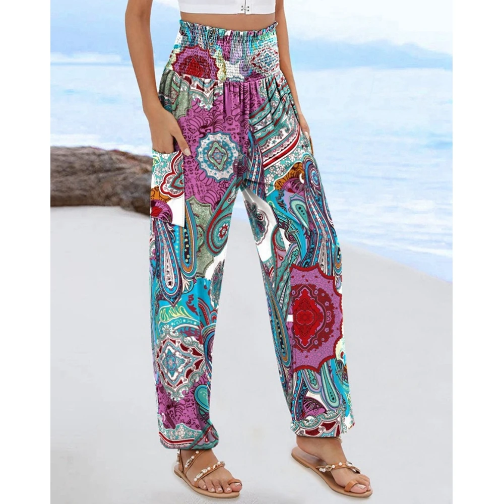 Women Fashion Streetwear Baggy Pants Shirring High Waist Pants Vintage Floral Print Cuffed Pants Casual Work Out Pants