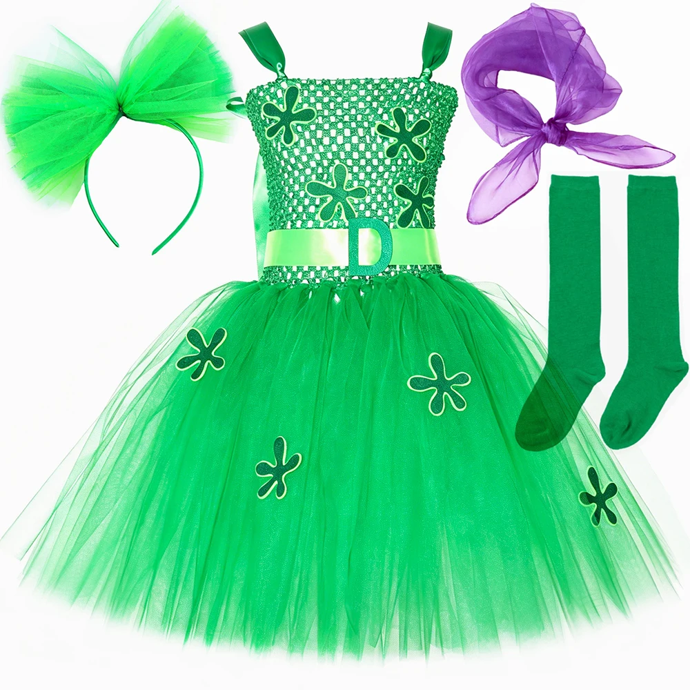 Cartoon Movie Disgust Costume Kids Green Tulle Princess Tutu Dress for Girls Halloween Carnival Holiday Party Dress Up Outfits