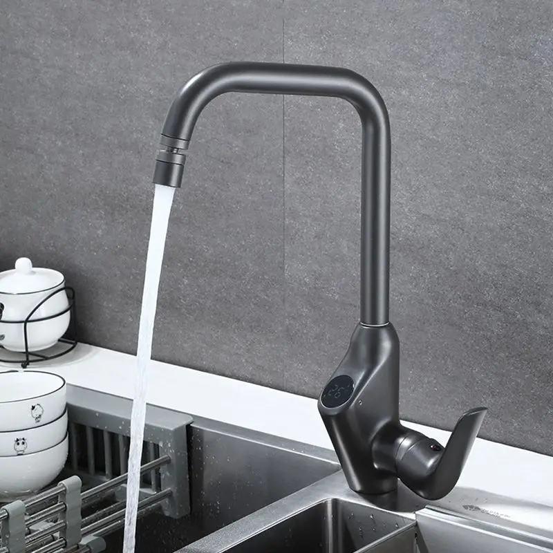 

Temperature Display Brass Kitchen Sink Faucet Deck Mounted Hot And Cold Mixed Water Faucet Rotate Intelligent Digital Display