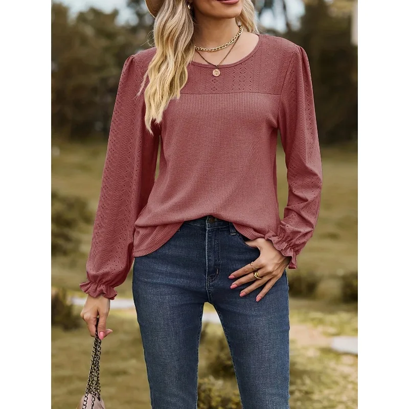 

Плюс размер 1XL-5XL, осенняя женская модная свободная футболка с круглым вырезом и длинным рукавом, женская повседневная однотонная футболка