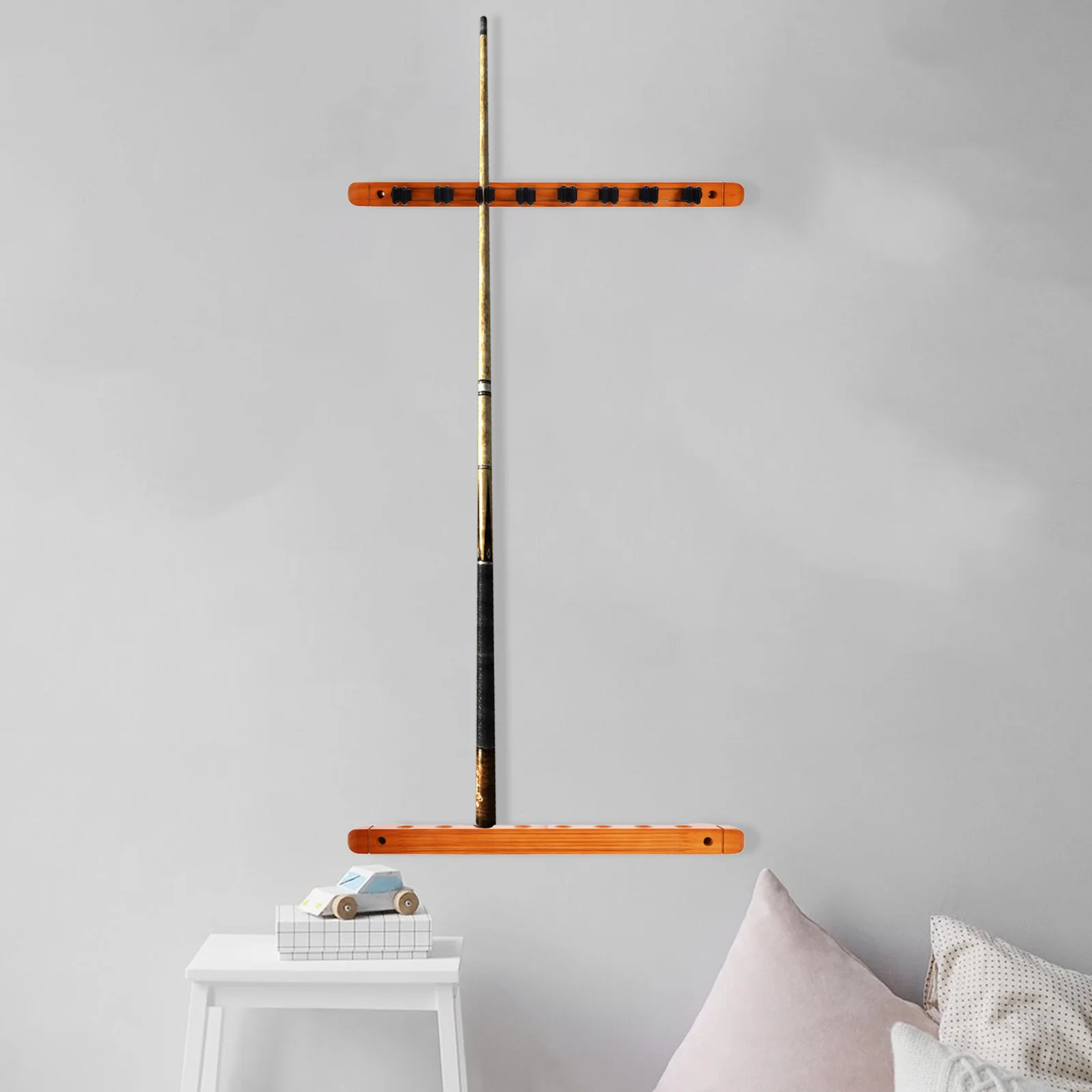 

1Set 8 Cues Wall Mounted Wooden Billiard Cue Rack Roman Design Space Saving Storage Accessory for Various Rooms