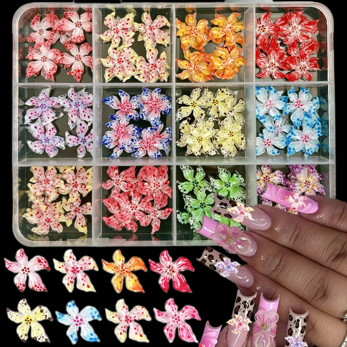 1 scatola di decorazioni creative per unghie in resina con fiori maculati morbidi, colori multipli, ciondoli floreali per unghie dolci ibisco per manicure fai da te