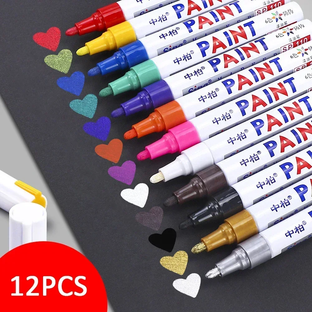 12 Color White Waterproof Rubber Permanent Paint Marker Pen Car Tyre Tread Environmental Tire Painting Highlighter Pen