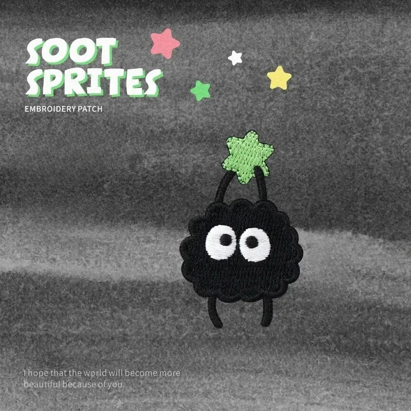 ملصق قماش مطرز، نمط فحم لطيف، قطعة واحدة، تصميم كرتوني أسود، رقعة ذاتية اللصق للملابس