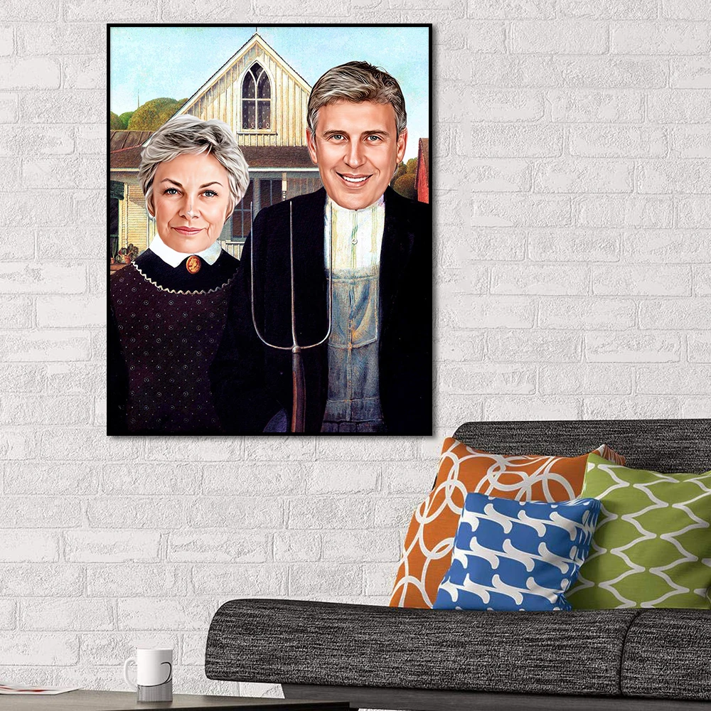 

Vintage American Gothic Painting Customized Portrait Poster Personalized Wall Art Canvas Print for Gift Room Home Decor Picture