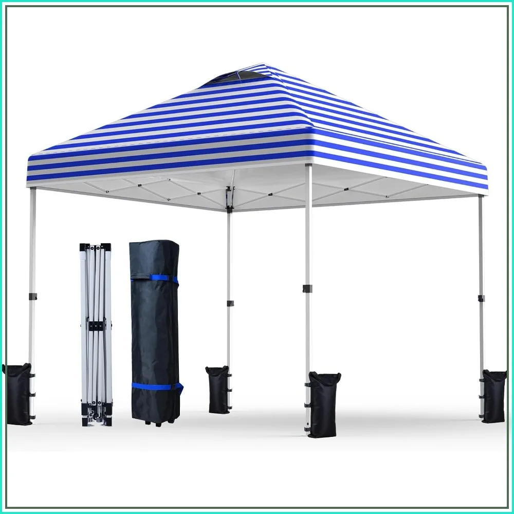 Pop Up Canopy Tent 10x10 ft with Sand Bags, Sun Shelter for Camping, One Person Setup, Blue Stripe