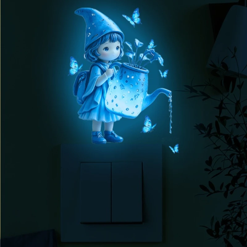 Luminous Gnome Girl Wall Sticker Glow In Dark Butterfly Decal Self Adhesive Watering Can Light Switch Decor Kids Room Car Window