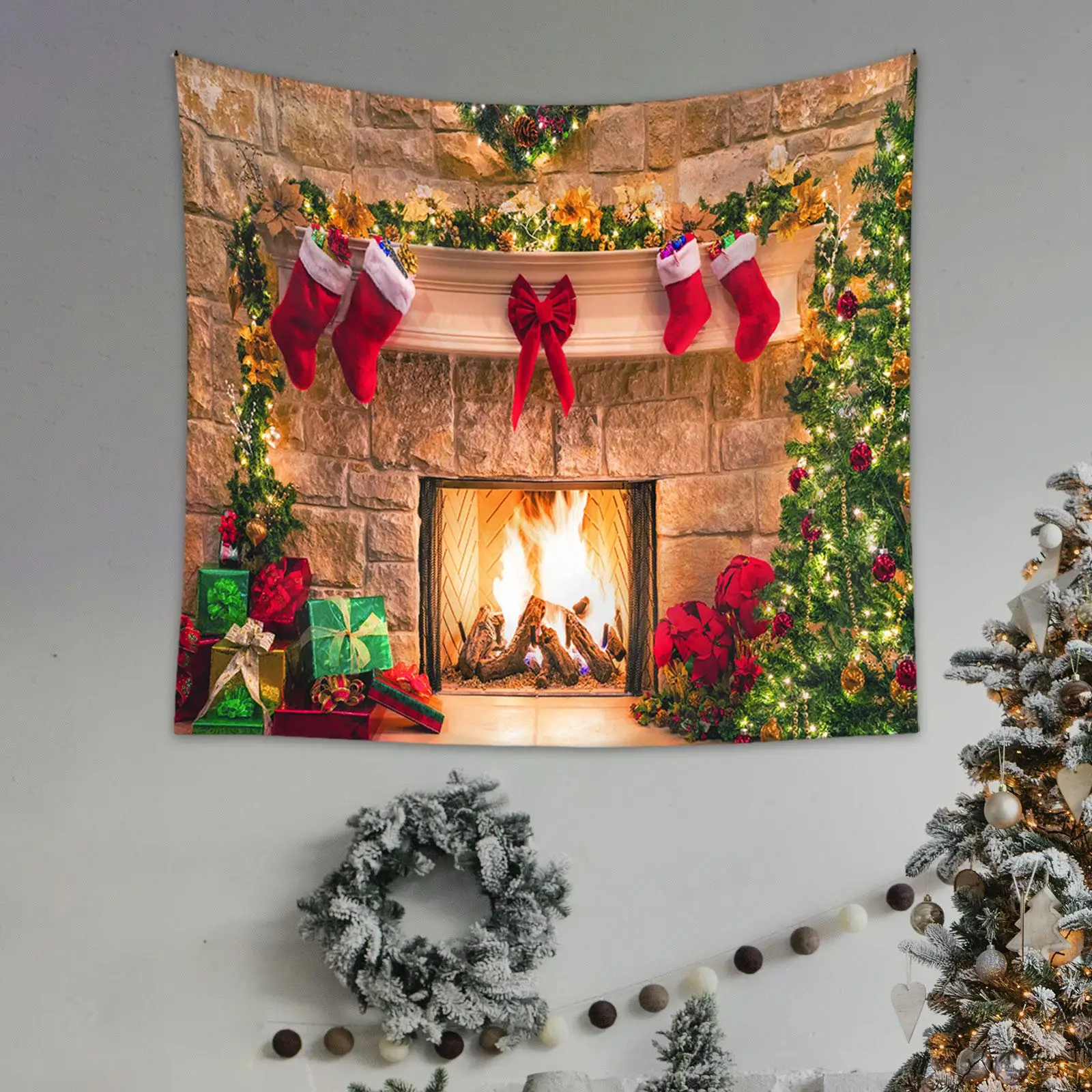 Christmas Fireplace Backdrop Christmas Background Cloth for Home Decoration