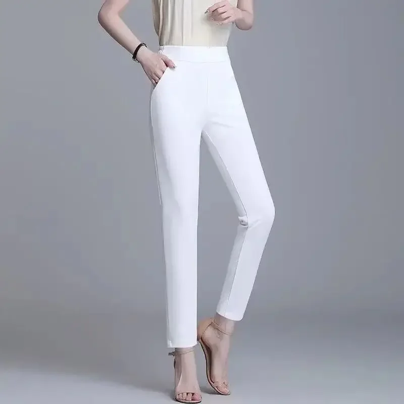 Black White Color High Strecth Spring Summer Pencil Pants Pocket Decoration Elastic Waist Plus Size Three Quarter Casual Pants