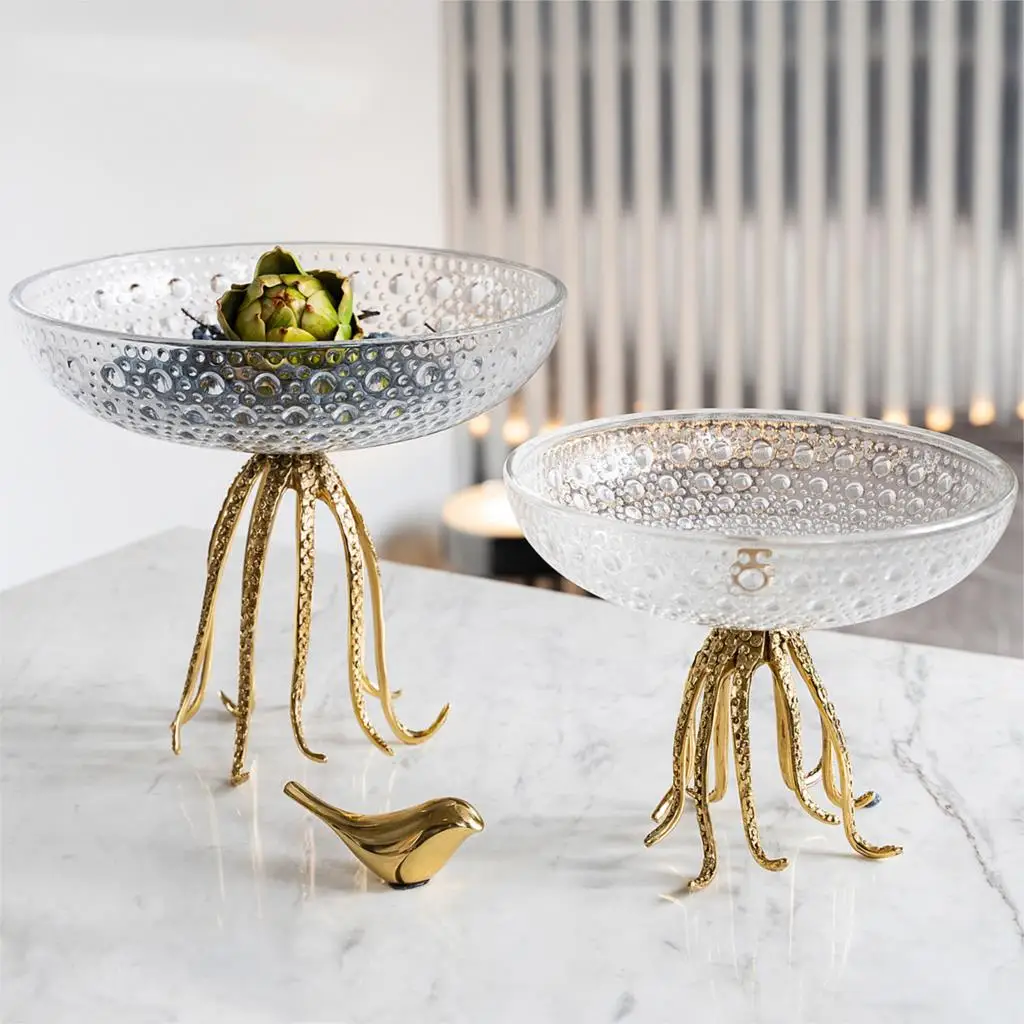 Luxury Octopus Shape Metal Statue Home Glass Fruit Plate Living Room Creative Decor  Dried Fruit Plate Fruit Bowl Candy Dish