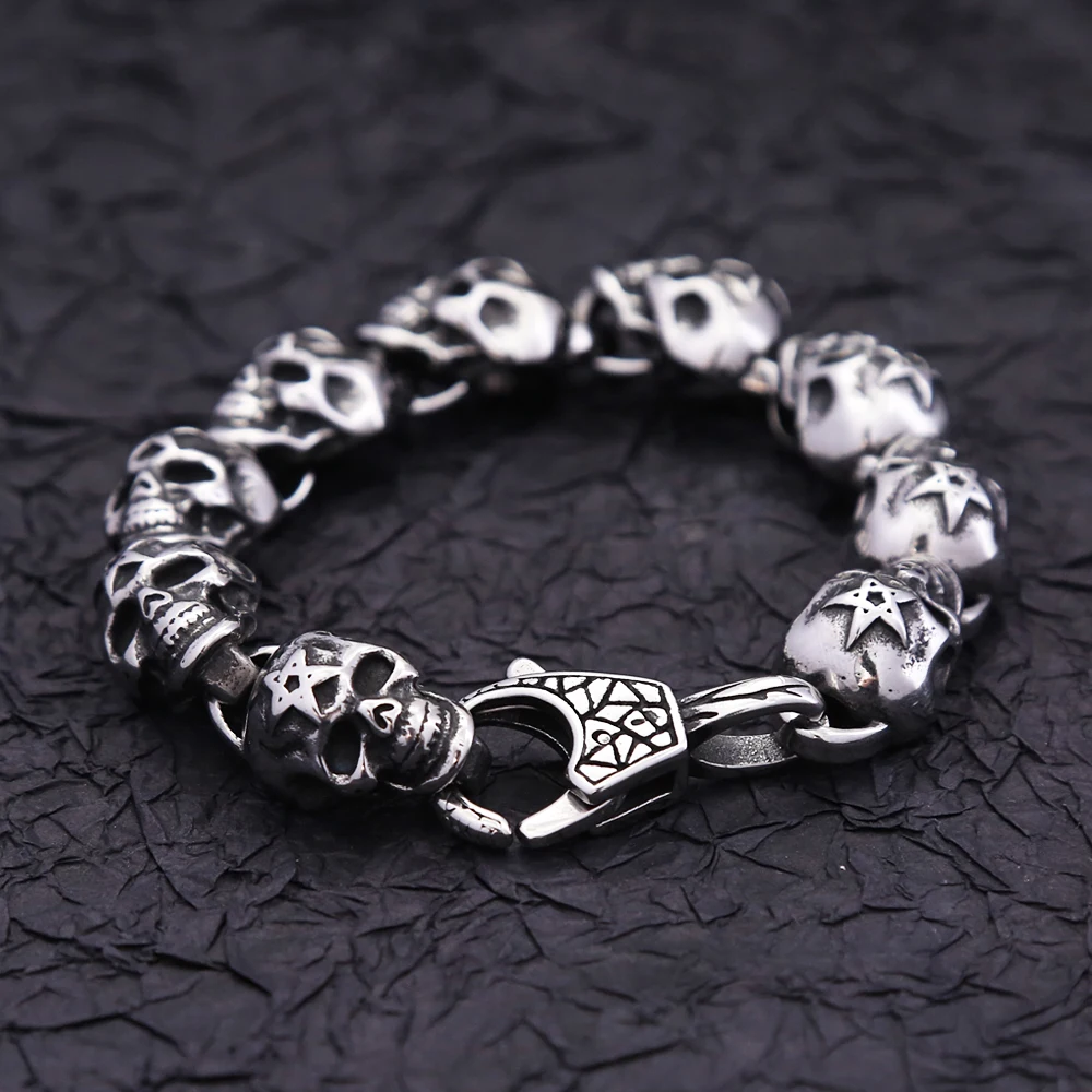 Punk Vintage 316L Stainless Steel Skull Bracelets For Men Boys Gothic Hip Hop Skeleton Bracelet Fashion Charm Jewelry Wholesale