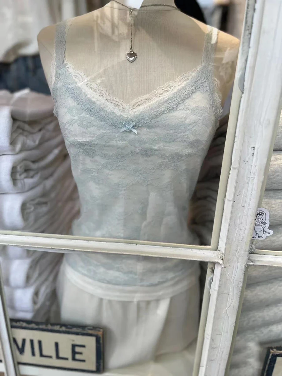 Blue Lace Sexy Transparent Tank Tops Summer Bow V Neck Sleevless Slim Thin Camis Vests Women Vintage Solid Sweet Mesh Crop Top