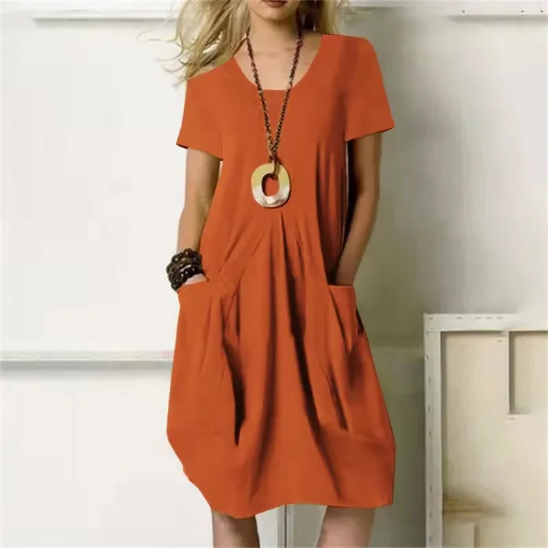 Women Solid Color Cotton Linen Loose Dresses Summer O Neck Pullover Short Sleeve Dress Female Daily Comfortable Casual Midi Gown