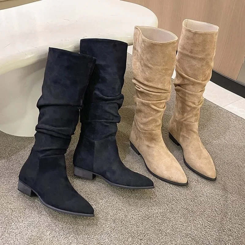 Nowe Plisowane Buty Kobiety Czarny Nude Faux Suede Flock Knee High Boot Ladies Flat Autumn Winter Dress Shoe 40 Solid Slip on Botas