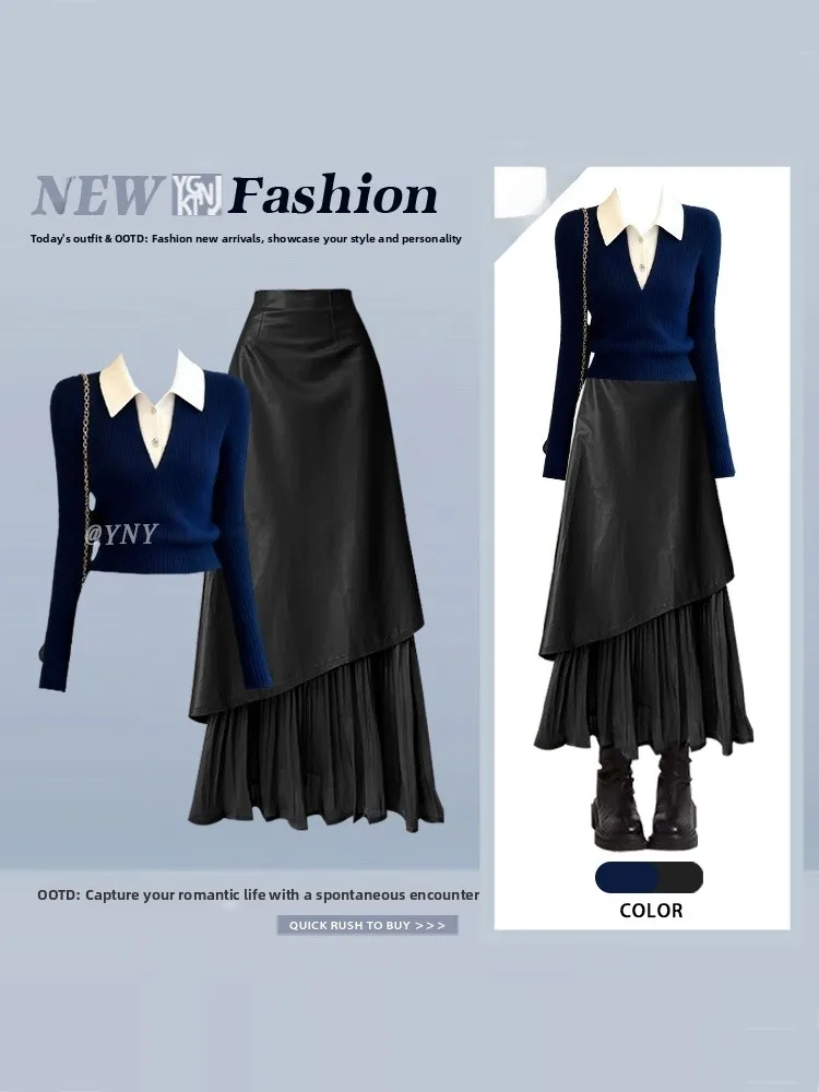 

Retro Hong Kong Sle Knitted Sweater High Waist Asymmetrical Skirt Winter Faion Set Ele Casual Women's Outfit