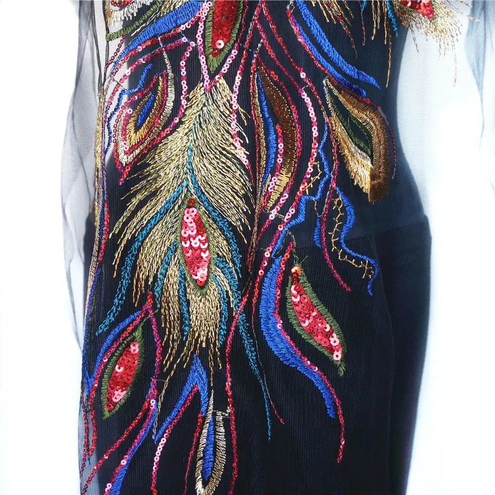 Gold Blue Red Sequin Peacock Phoenix Feather Lace Fabric Black Mesh Embroidered Gown Appliques Sew Patch For Wedding Decoration