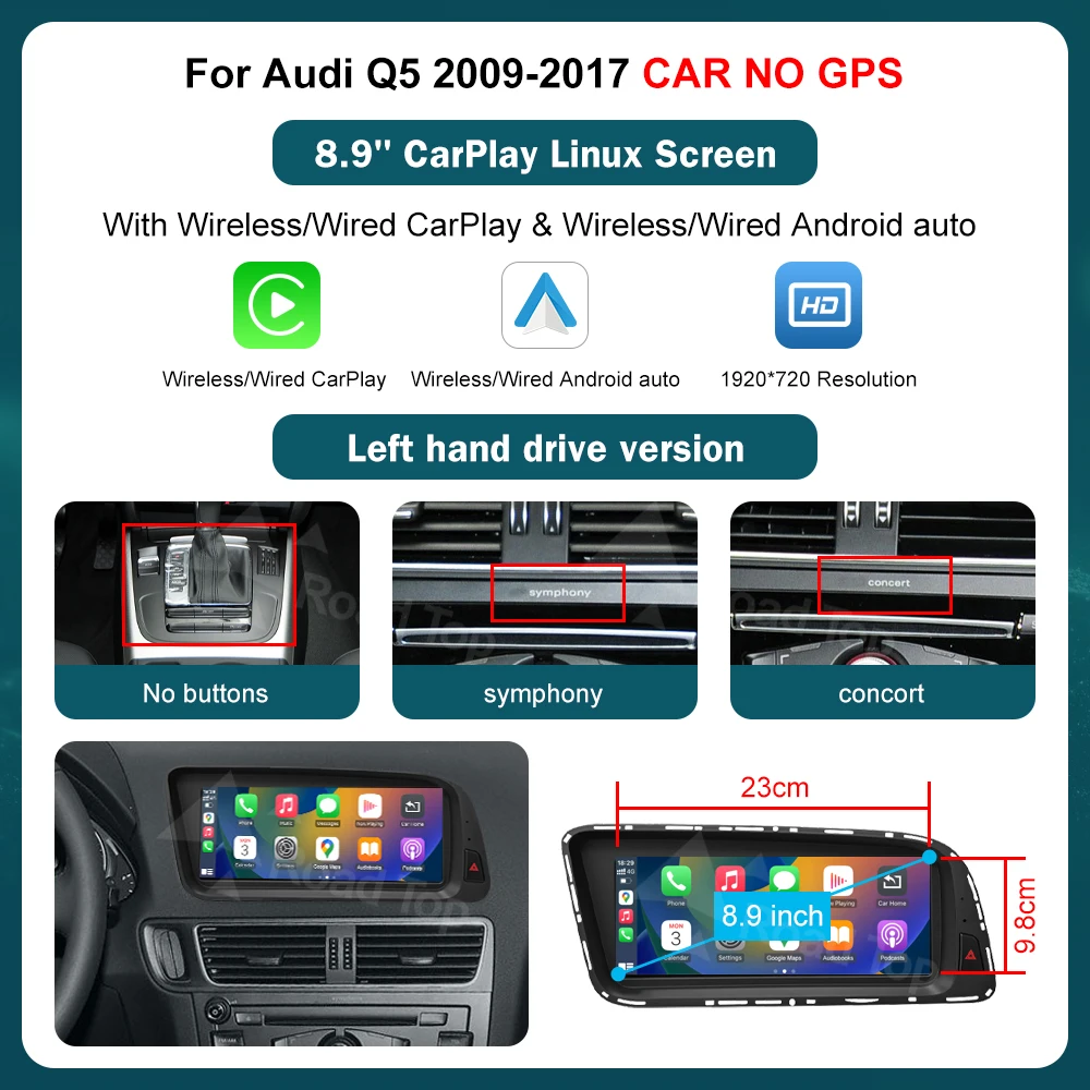 RoadTop 12,3 inch draadloze CarPlay multimedia ultradunne scherm Android Auto voor Audi Q5 2009-2017 Airplay Autolink-functie