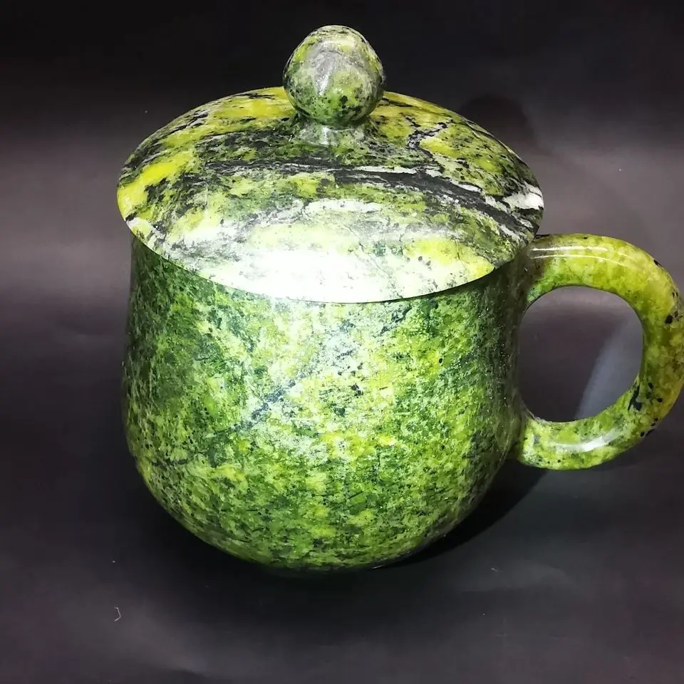 Natural Green Jade Teacup Tibetan Medicine King Stone Magnetic Jades Mug With Handle Lid Coffee Cups Health Gongfu Teaware