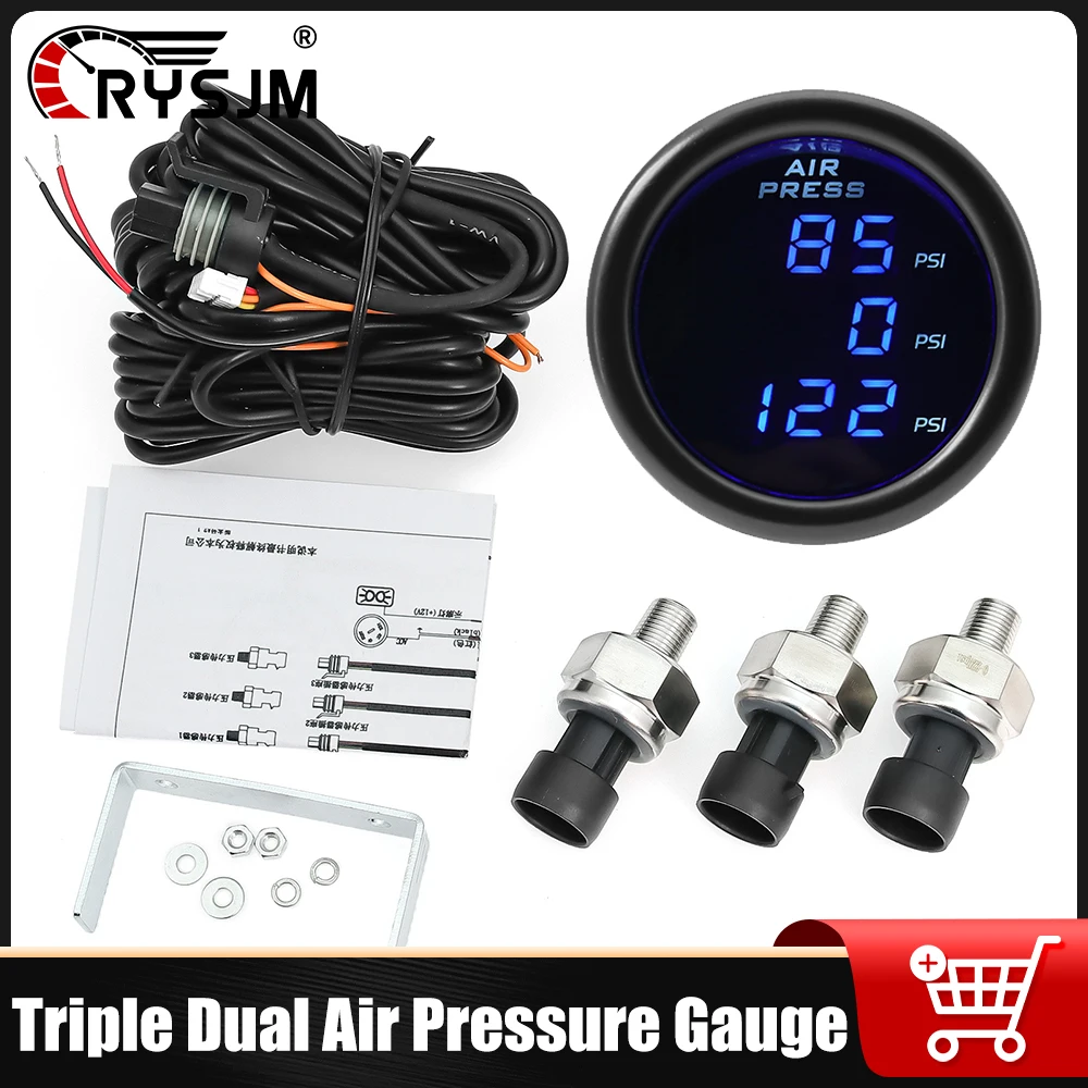 

Triple Display Air Pressure Guage Blue LED Digital Air Suspension Gauge 0-220PSI With 3 PCS 1/8NPT Sensors ABS For 12V24V Car
