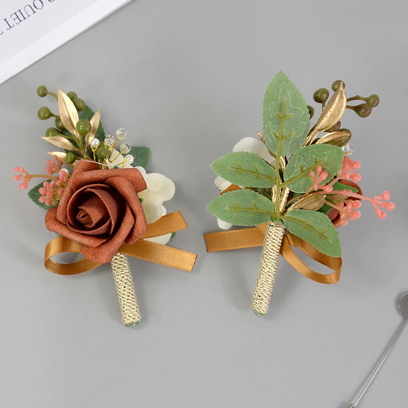 Boutonnières de marié de mariage, fleurs artificielles, Corsage de roses, costume de garçons d'honneur, broches, accessoires de mariage, fourniture de réception nuptiale