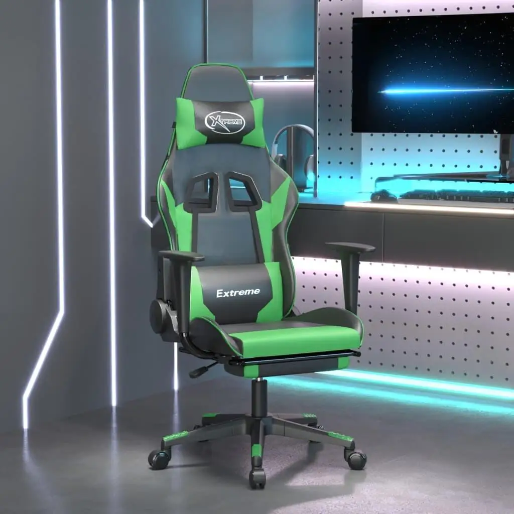 Ergonomic Gaming Chair with Footrest - Black & Green Faux Leather Design