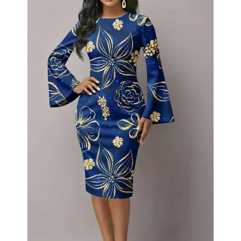 Women's Elegant Navy Blue Bell Sleeve Bodycon Dress High Waist Slim Fit Cocktail Party Dress for Evening, Wedding Guest